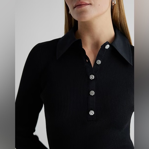 Express Embellished Button Long Sleeve Mini Sweater Dress - Picture 6 of 6